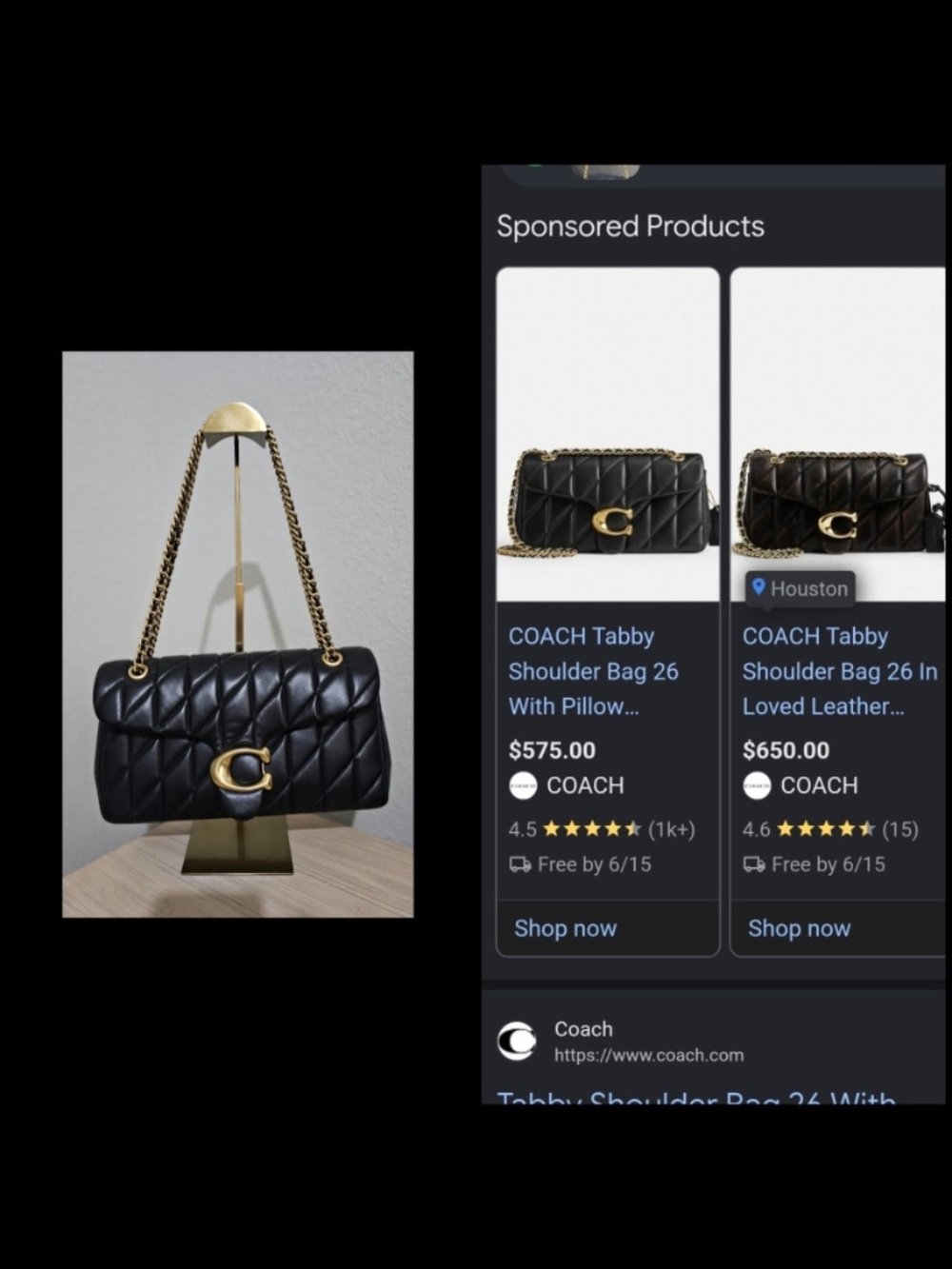 Coach Quilted Black Shoulder Bag with Gold 'C' Hardware